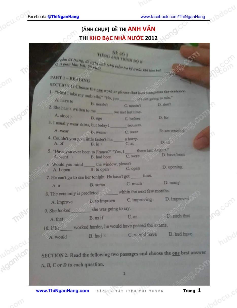 (Ảnh chụp) Đề thi Anh Văn - Thi Kho Bạc Nhà Nước 2012