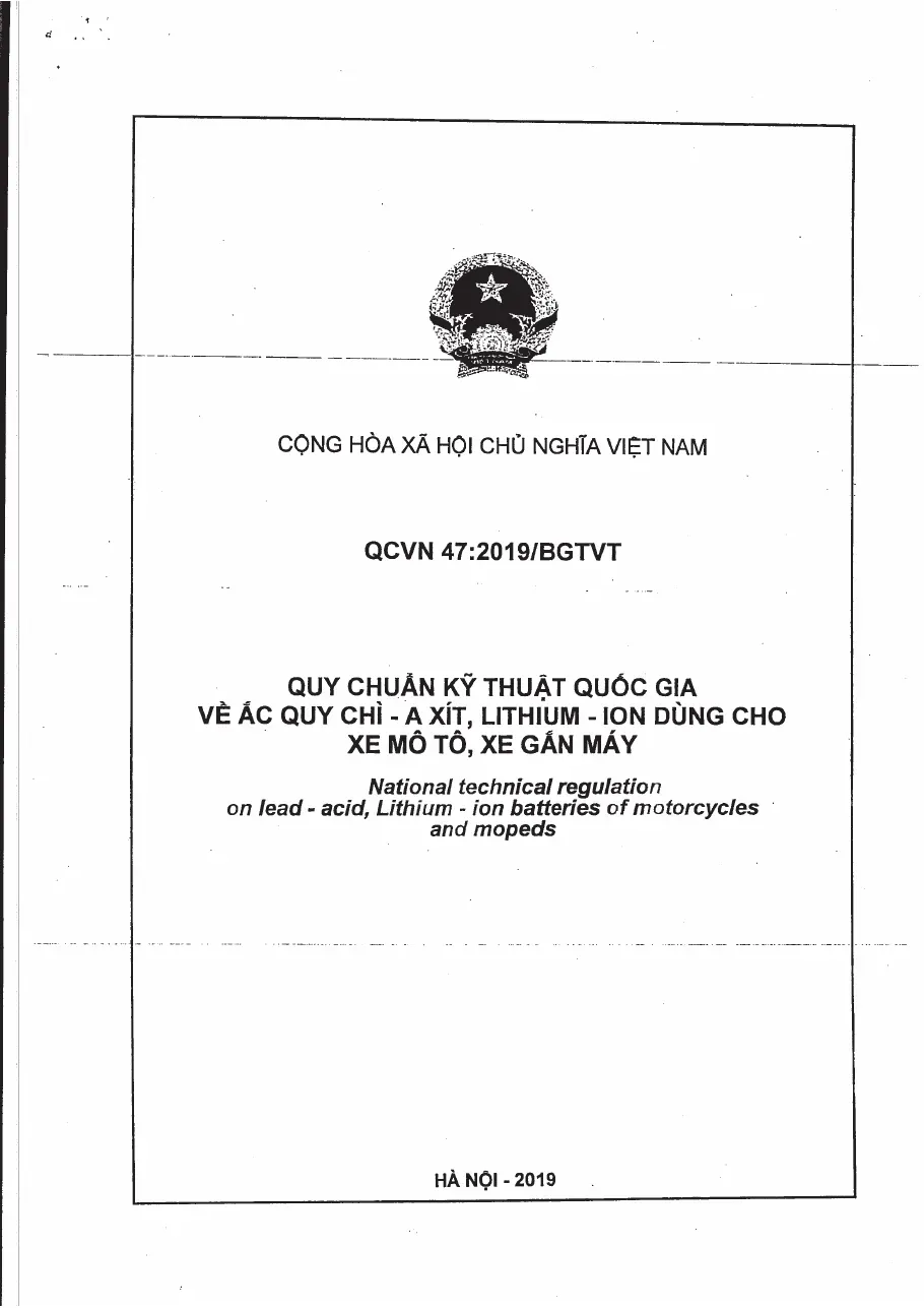 QCVB 47:2019/BGTVT: Quy chuẩn kỹ thuật quốc gia về Ắc quy chì-axit, Lithium-ion dùng cho xe mô tô, xe gắn máy