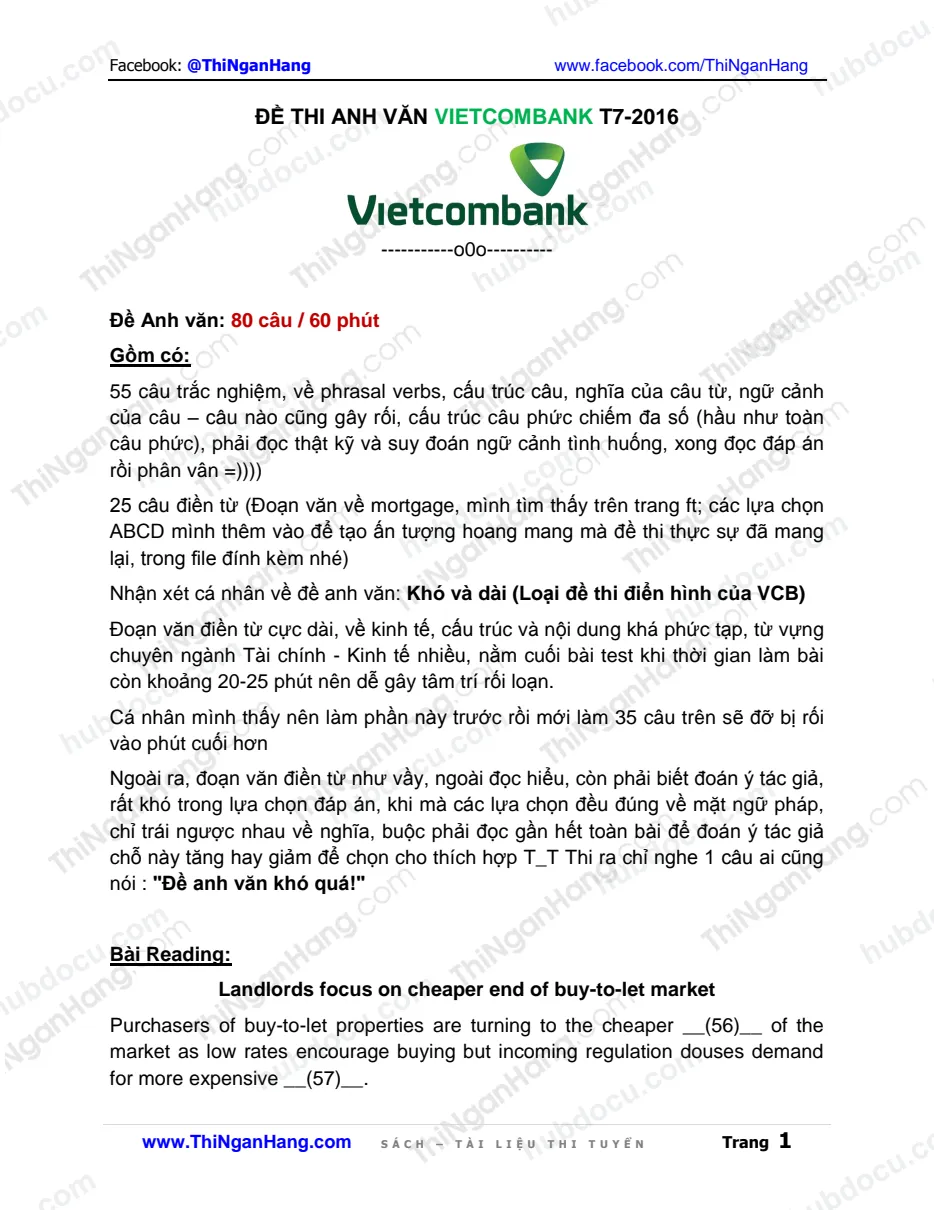 Đề thi Anh văn vào Vietcombank (VCB) (3-7-2016)
