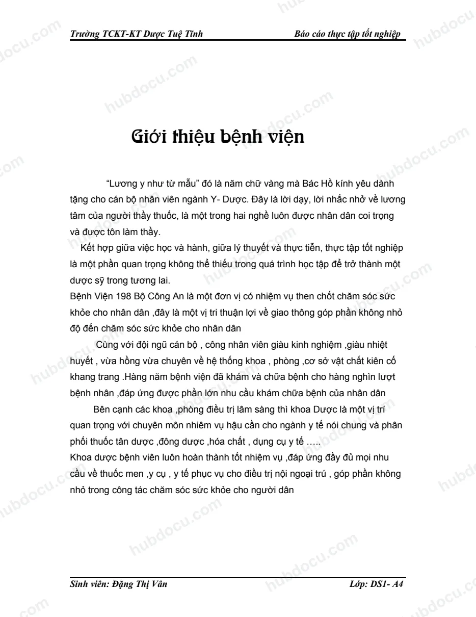 Báo cáo Thực tập khoa dược tại khoa Dược bệnh viên