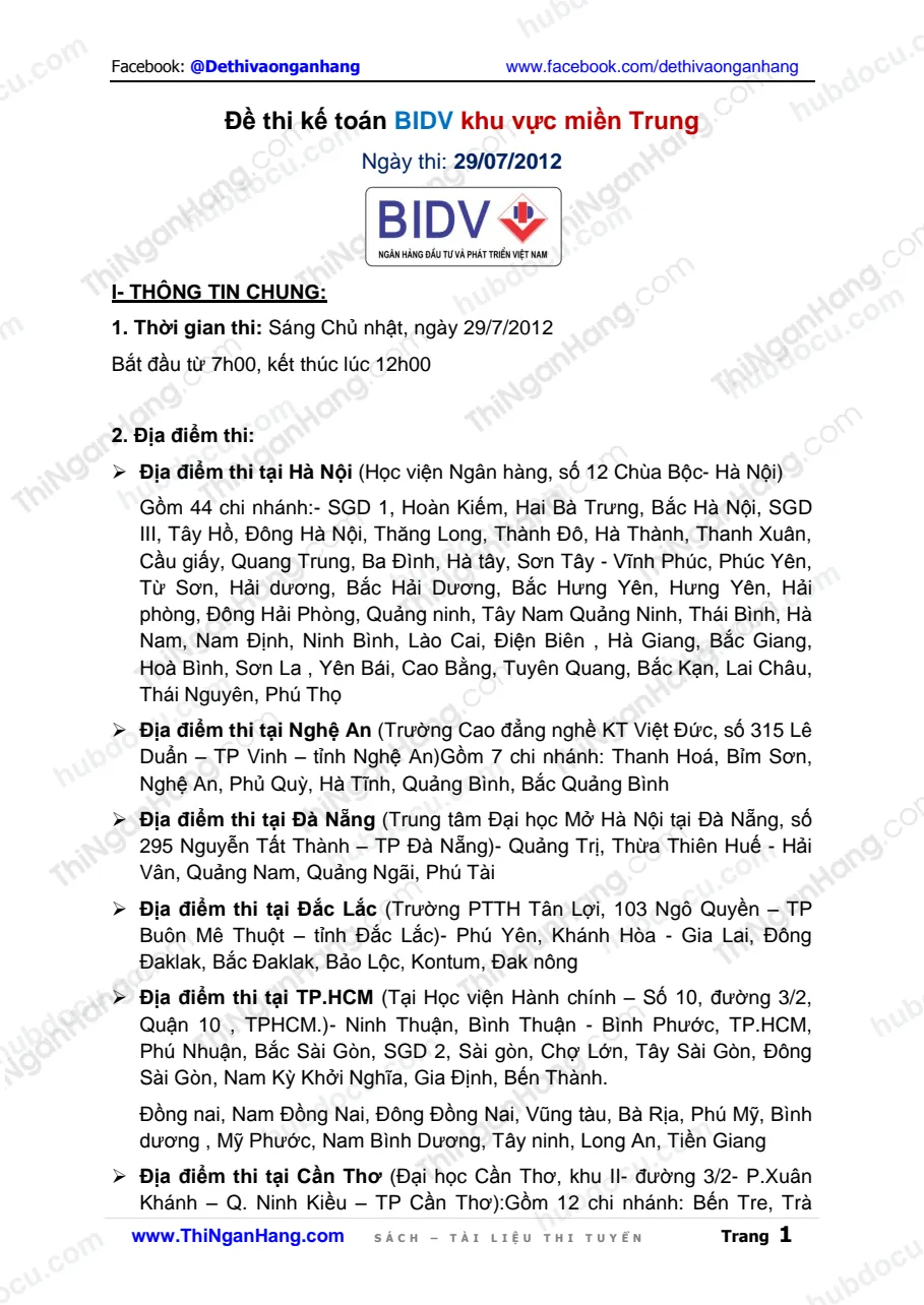 Đề thi Kế toán BIDV ngày 29-7-2012 khu vực miền Trung