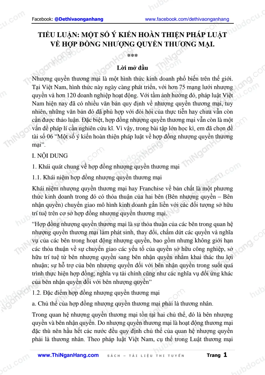 Tiểu luận: Một số ý kiến hoàn thiện pháp luật về Hợp đồng nhượng quyền thương mại.