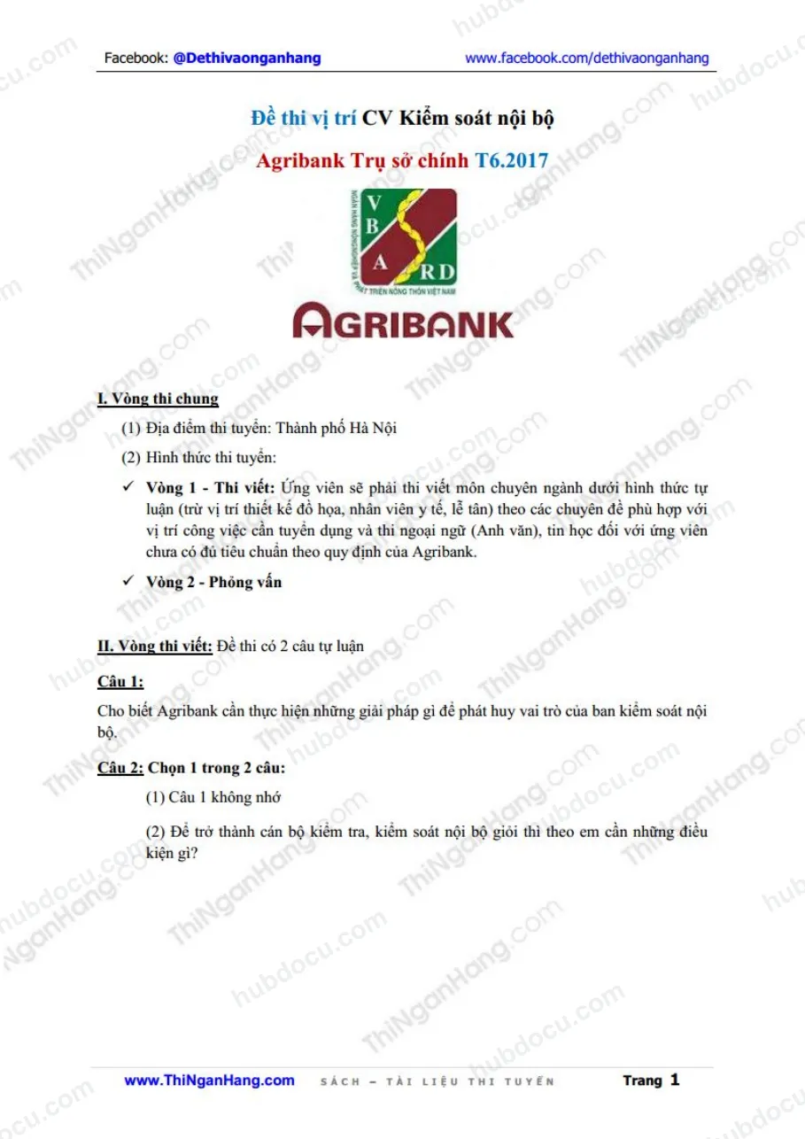 Đề thi CV Kiểm soát nội bộ - Agribank Trụ sở chính T6-2017