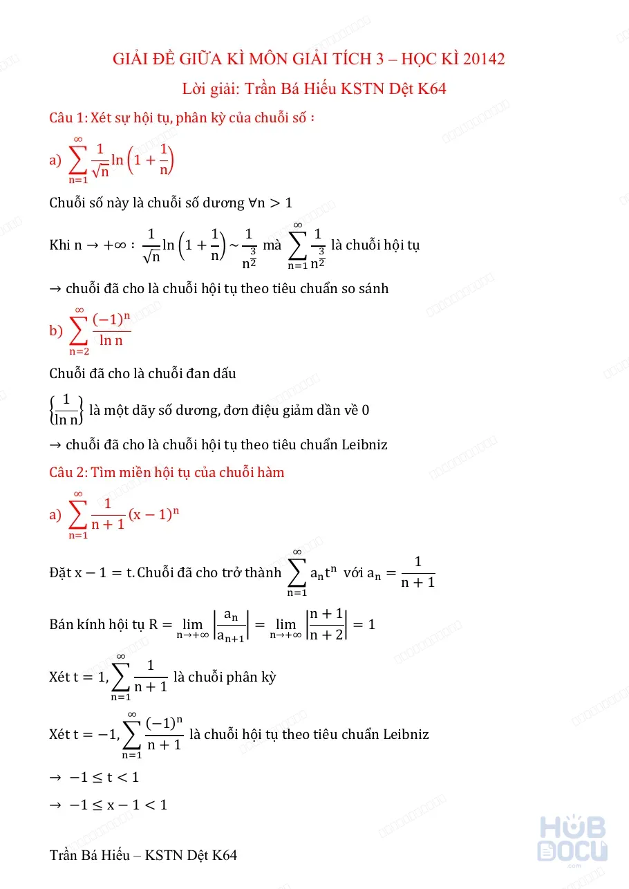 Đề thi Giữa kỳ Giải tích 3 (HUST) 20142