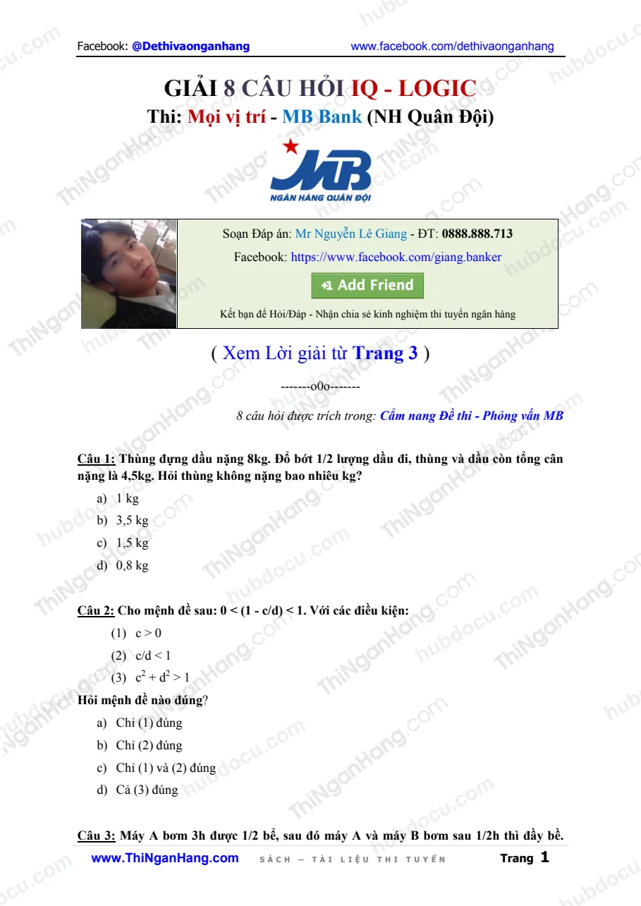 Giải 8 câu hỏi IQ - Logic - Thi MB Bank