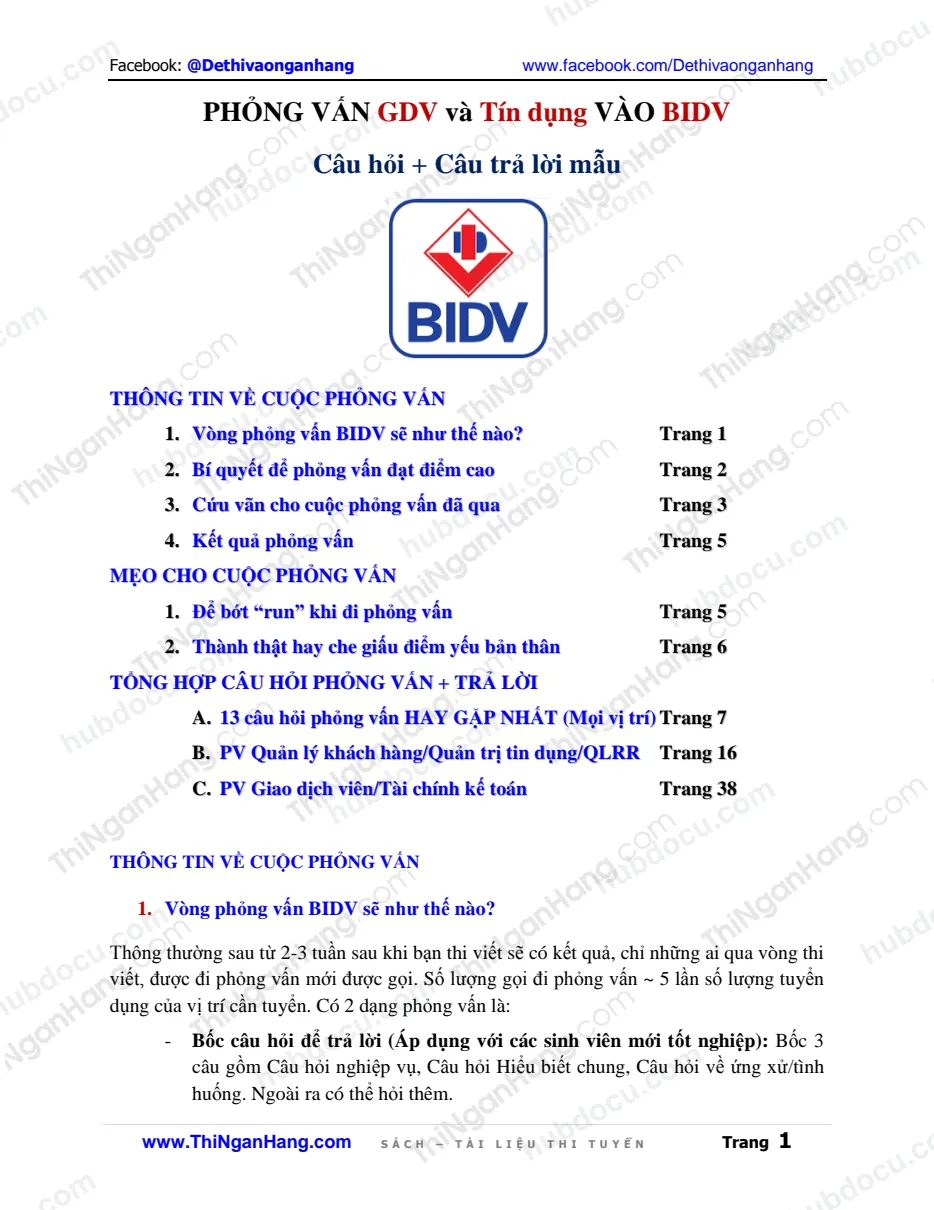 Phỏng vấn GDV và Tín dụng BIDV - Câu hỏi + Câu trả lời mẫu