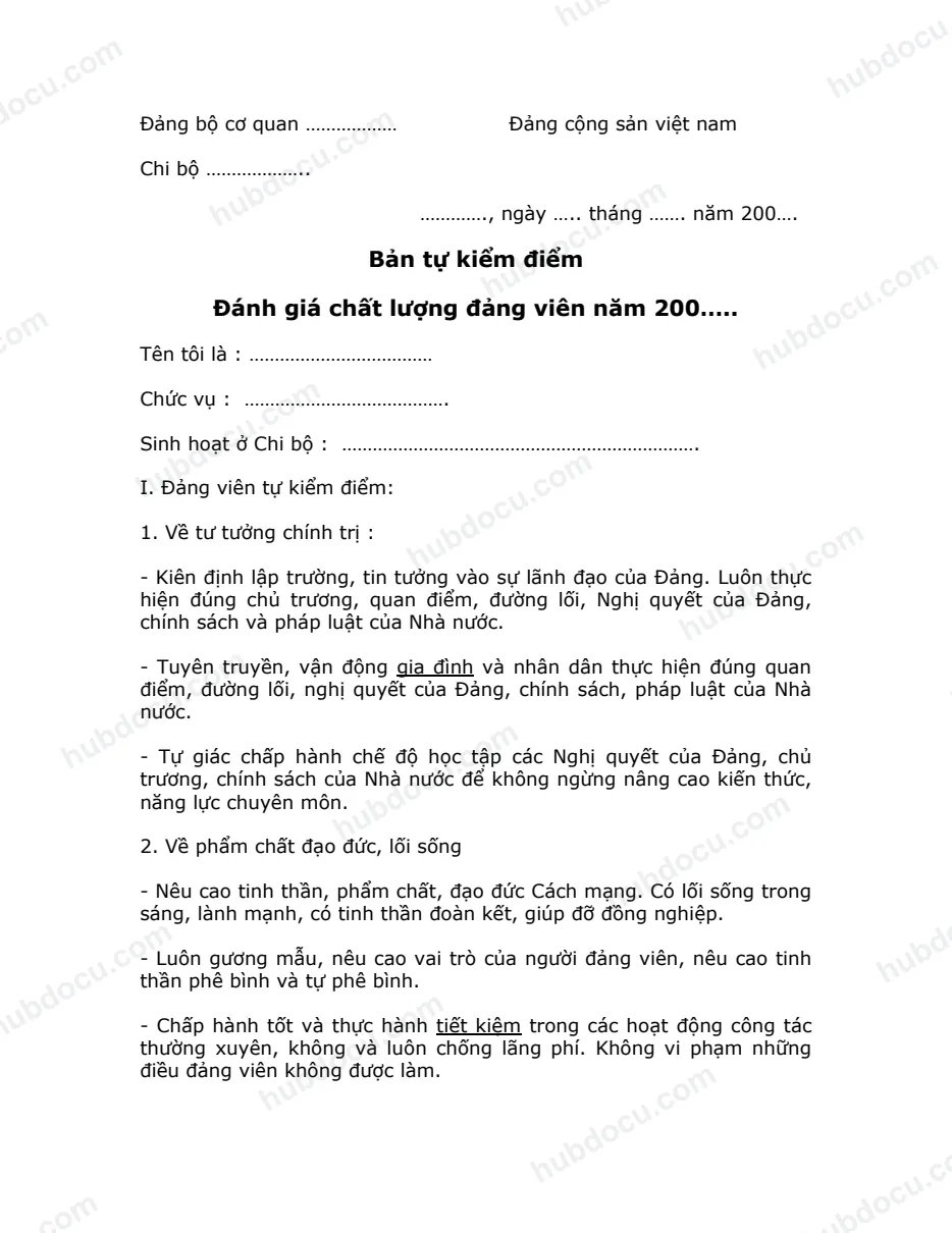 Mẫu bản tự kiểm điểm Đảng viên