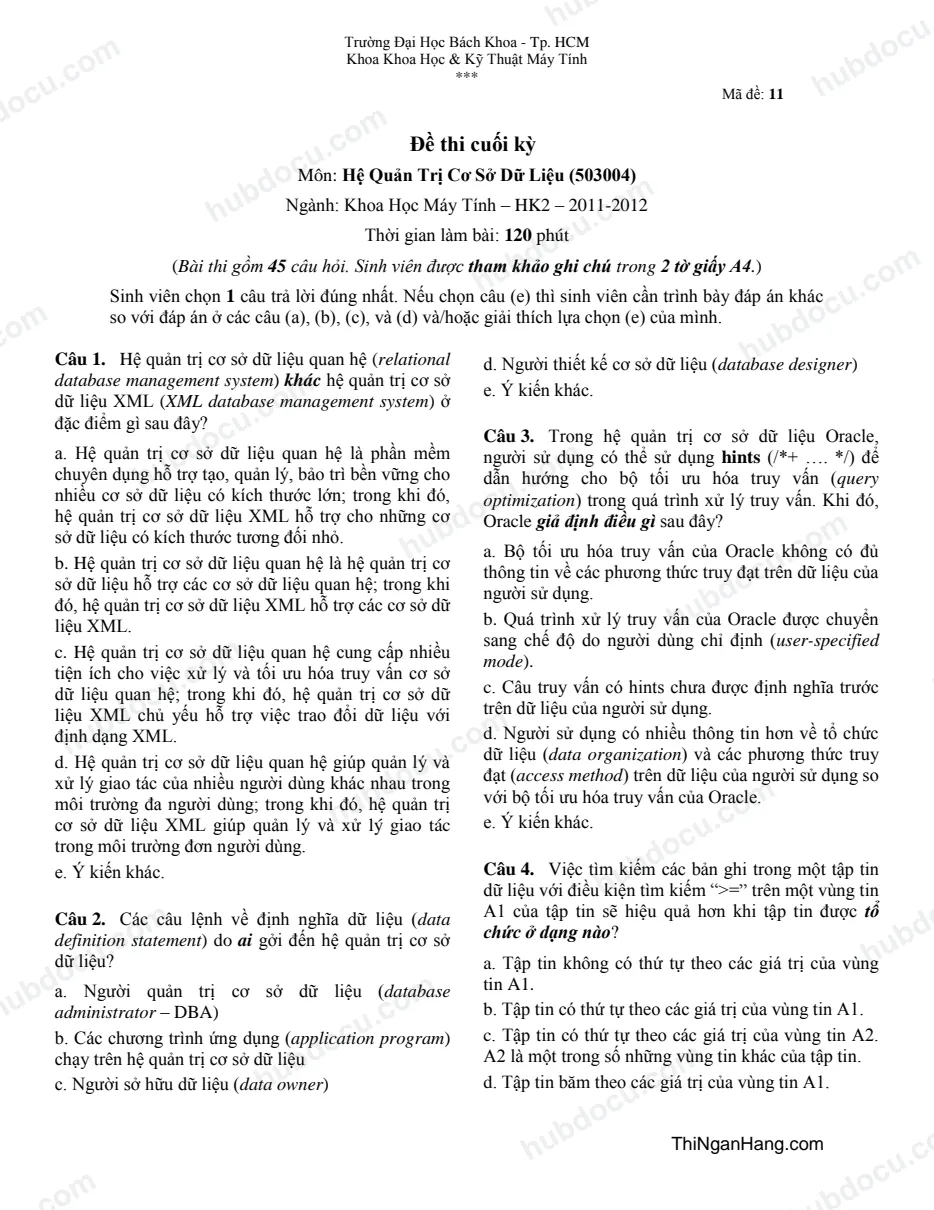 Đề thi cuối kỳ Hệ quản trị cơ sở dữ liệu
