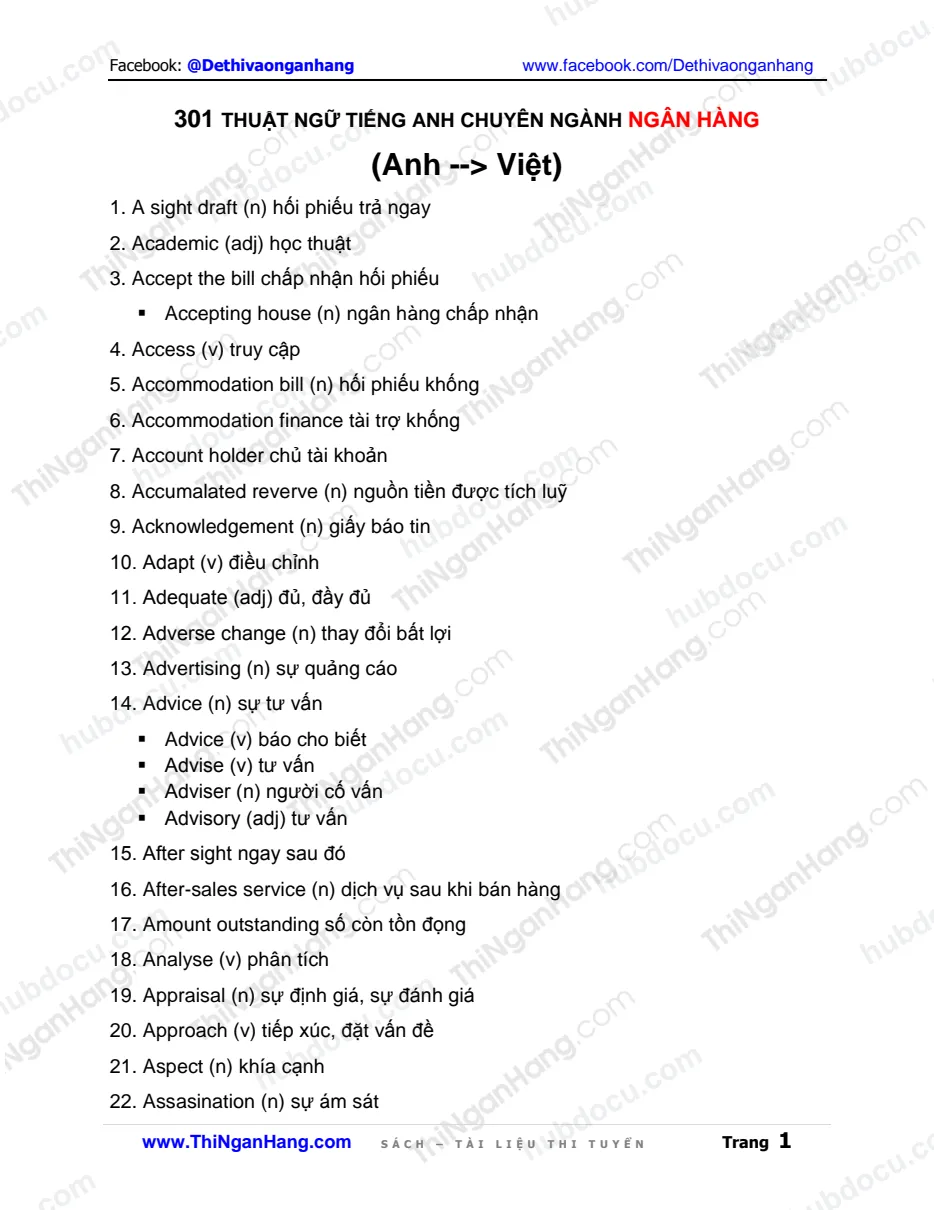 301 thuật ngữ tiếng Anh Chuyên ngành Ngân hàng (Anh - Việt)