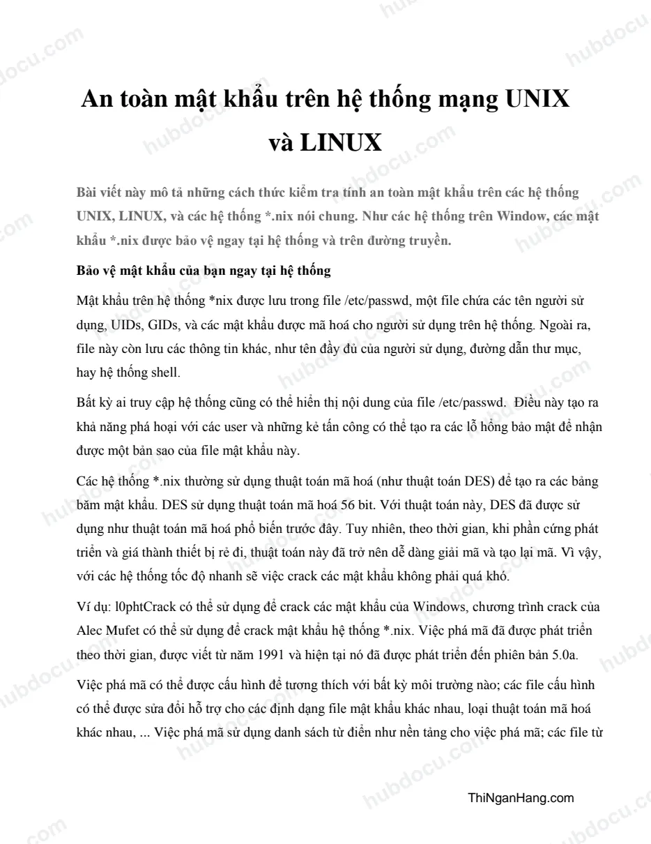 An toàn mật khẩu trên hệ thống mạng UNIX và LINUX