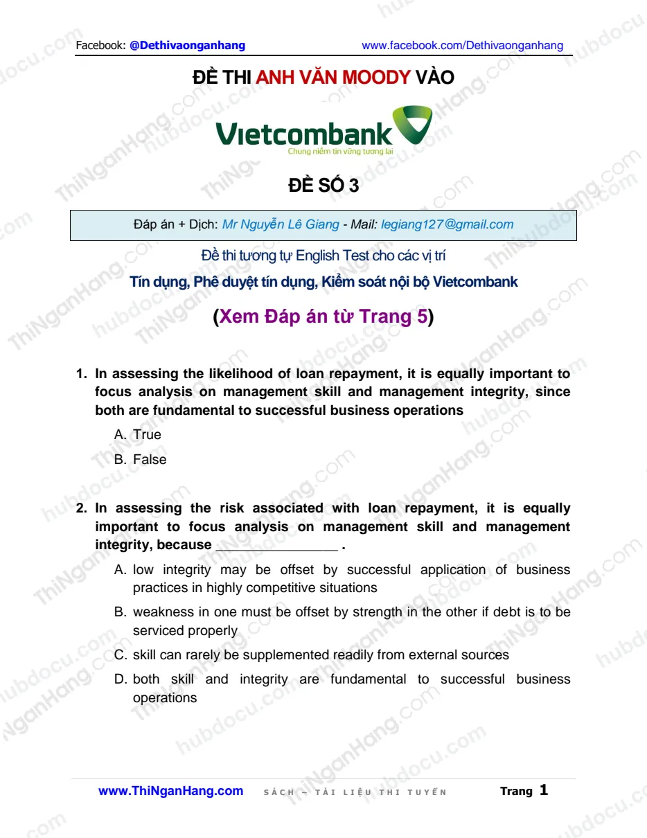 Đề thi Anh Văn Moody Vietcombank - Đề số 3 (kèm Đáp án và Giải thích)