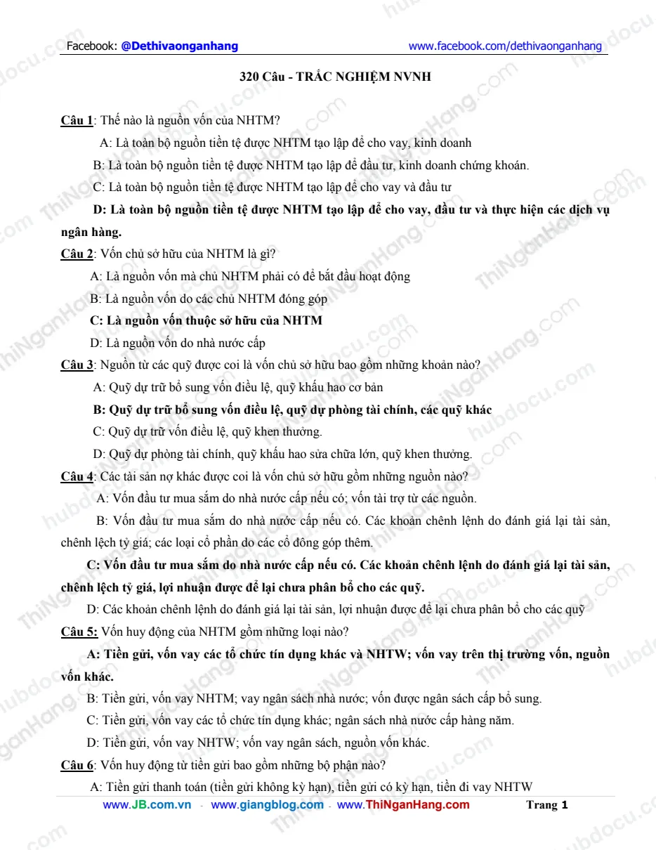 320 câu trắc nghiệm ngân hàng (Kèm Đáp án)