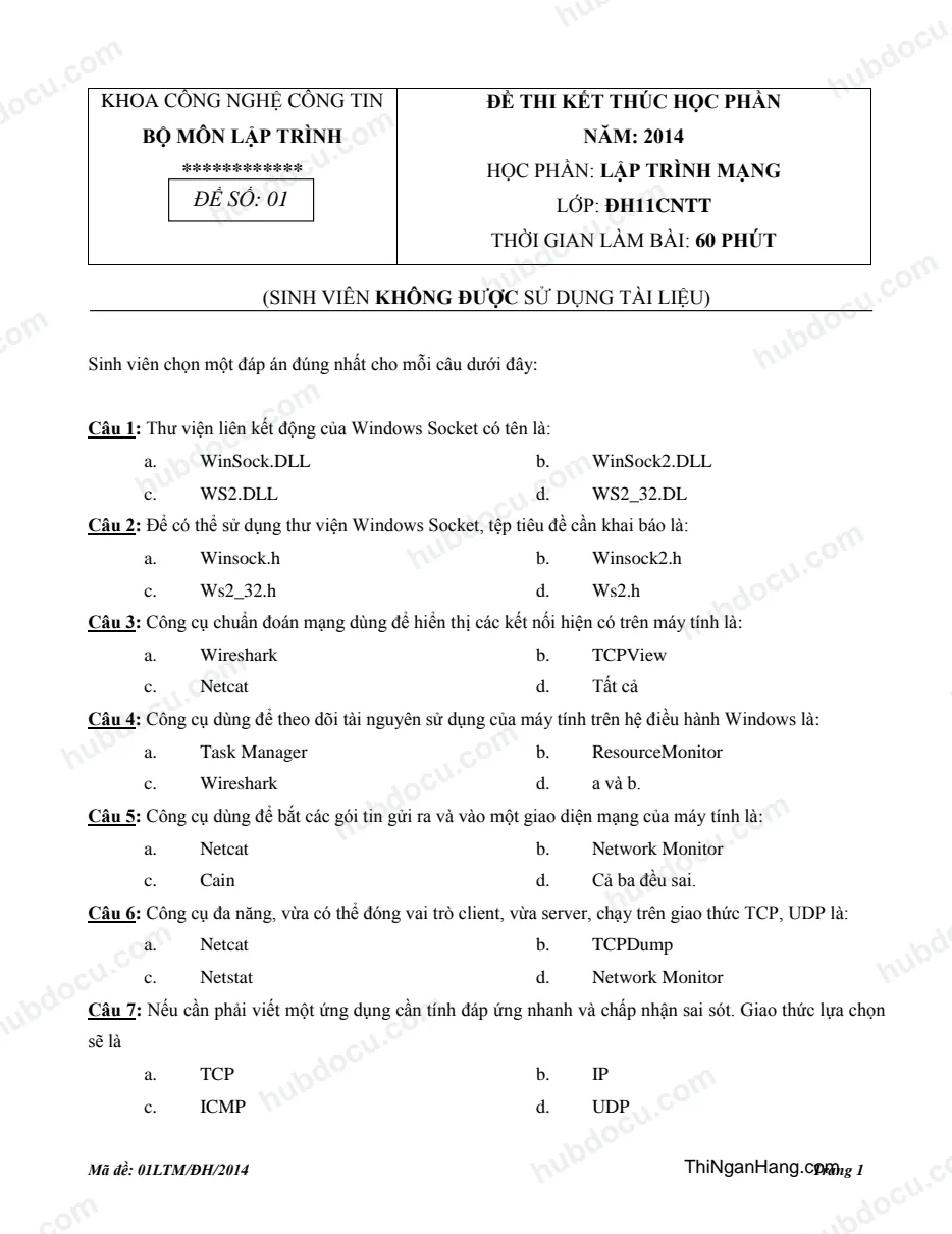 Đề thi môn Lập trình mạng 2014 - Khoa CNTT