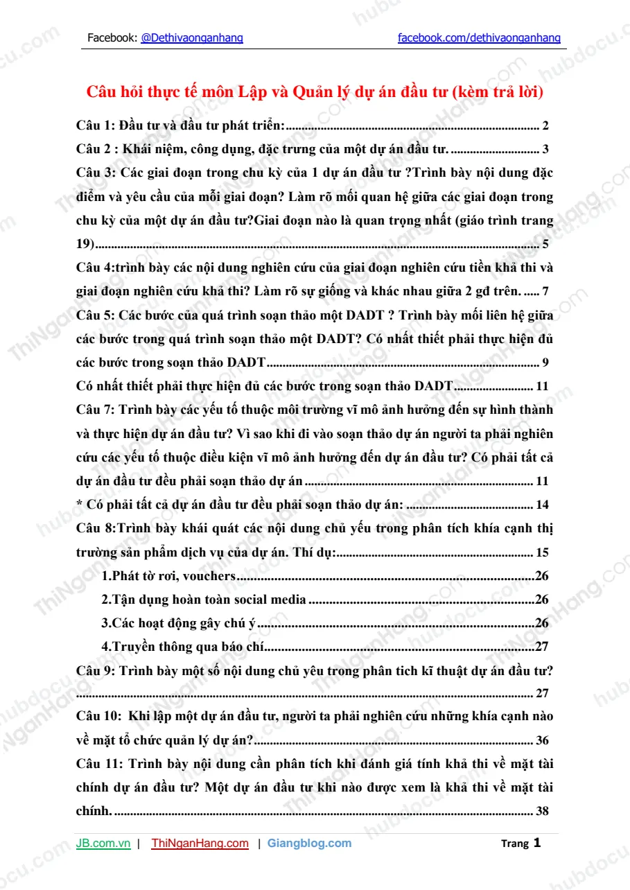 Câu hỏi thực tế môn Lập và Quản lý dự án đầu tư (kèm trả lời)