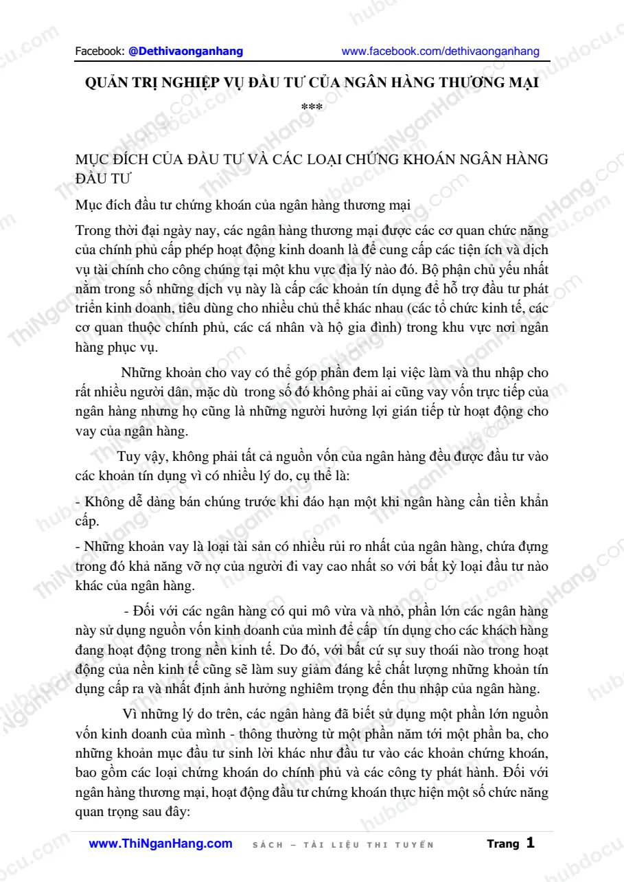 Quản trị Nghiệp vụ Đầu tư của Ngân hàng Thương mại
