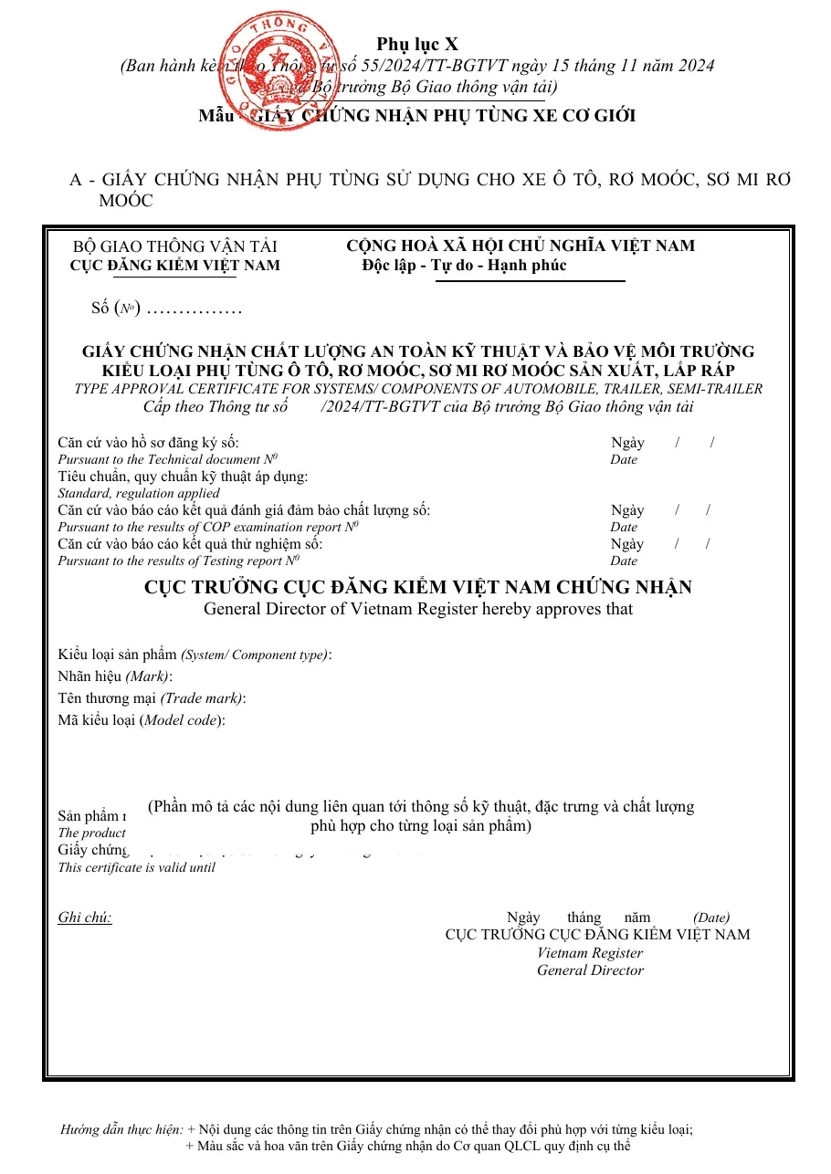 (Phụ lục X) Mẫu Giấy chứng nhận phụ tùng xe cơ giới (kèm Thông tư 55/2024/TT-BGTVT)