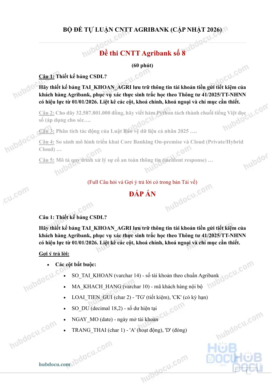 Đề 8 - Đề thi thử CNTT Agribank 2026 (Có đáp án)