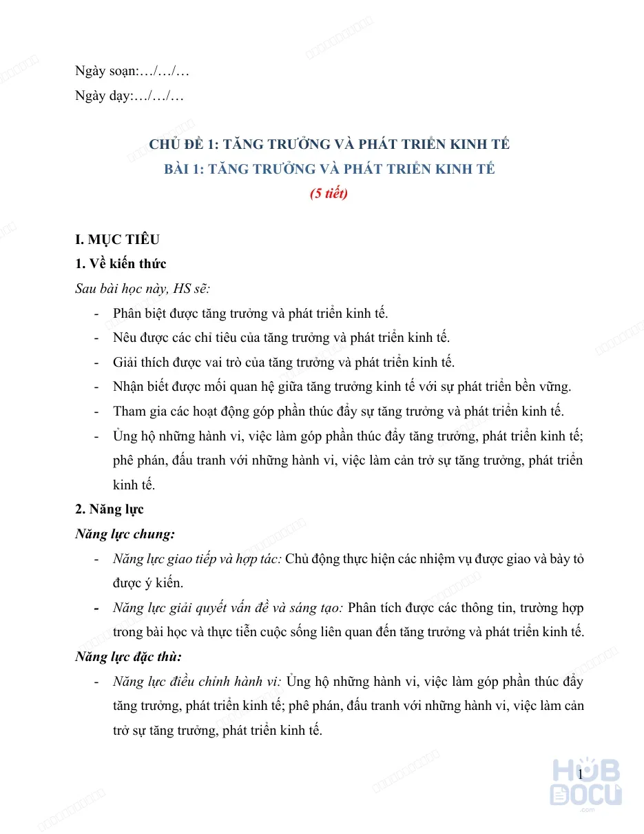Giáo án Năng lực số (Kinh tế và Pháp luật 12) - Bài 1.Tăng trưởng và phát triển kinh tế