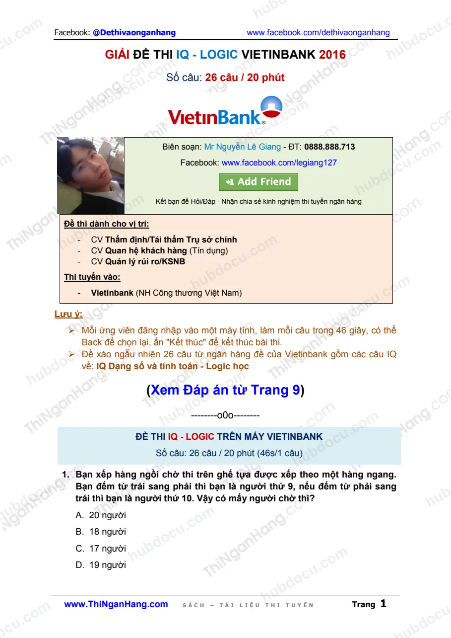 Giải đề thi IQ-Logic Thẩm định TSC Vietinbank 2016 (26 câu)