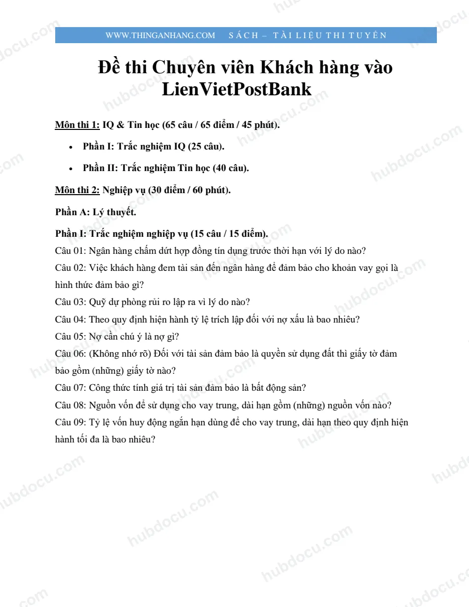 Đề thi chuyên viên khách hàng LienVietPostBank