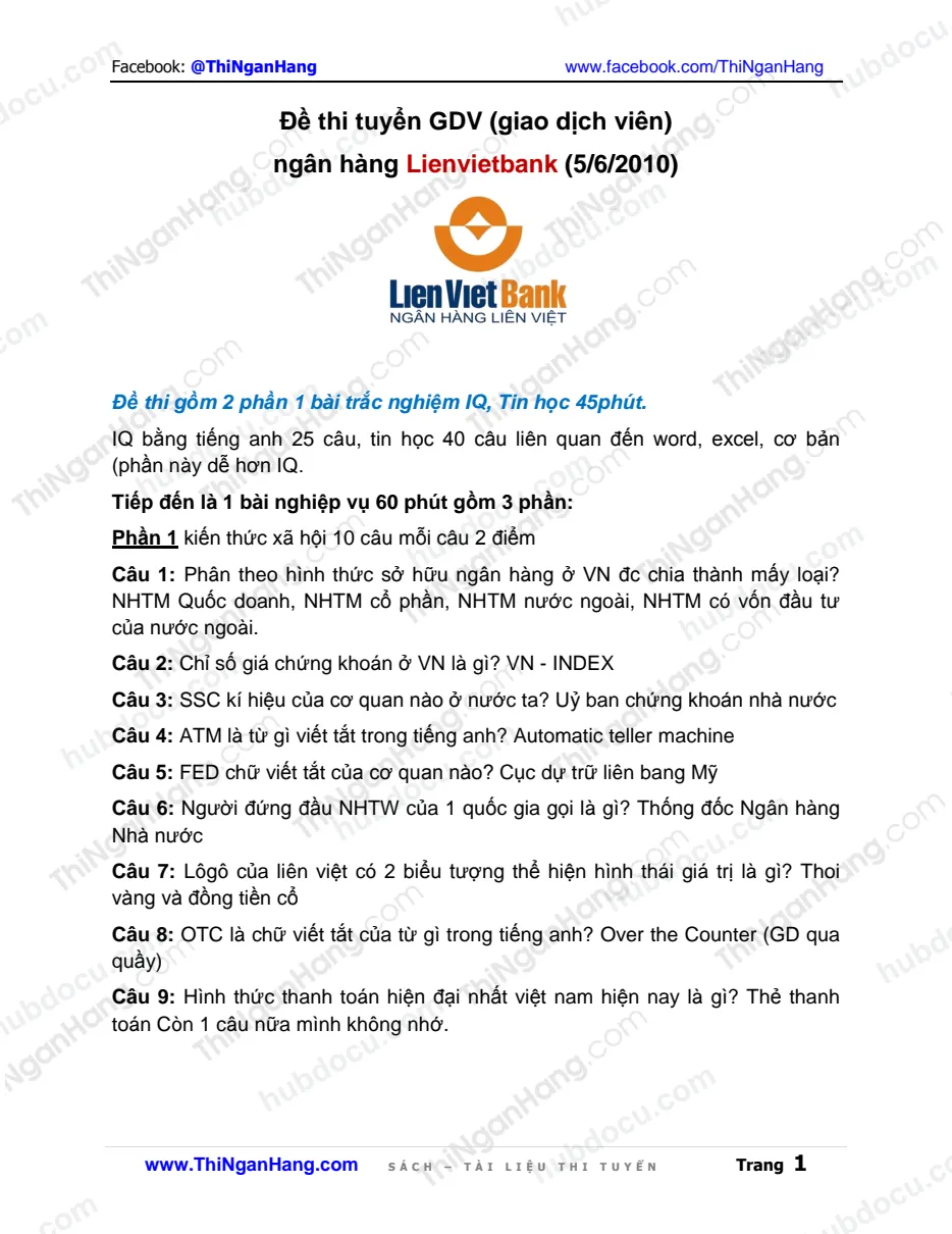 Đề thi Giao dịch viên LienVietBank ngày 5-6-2010