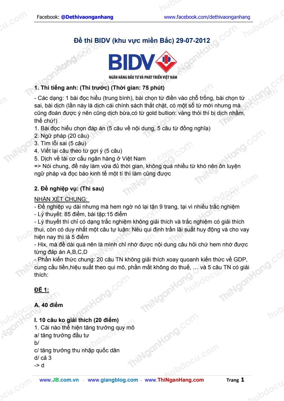 Ðề thi BIDV (khu vực miền Bắc) 29-07-2012