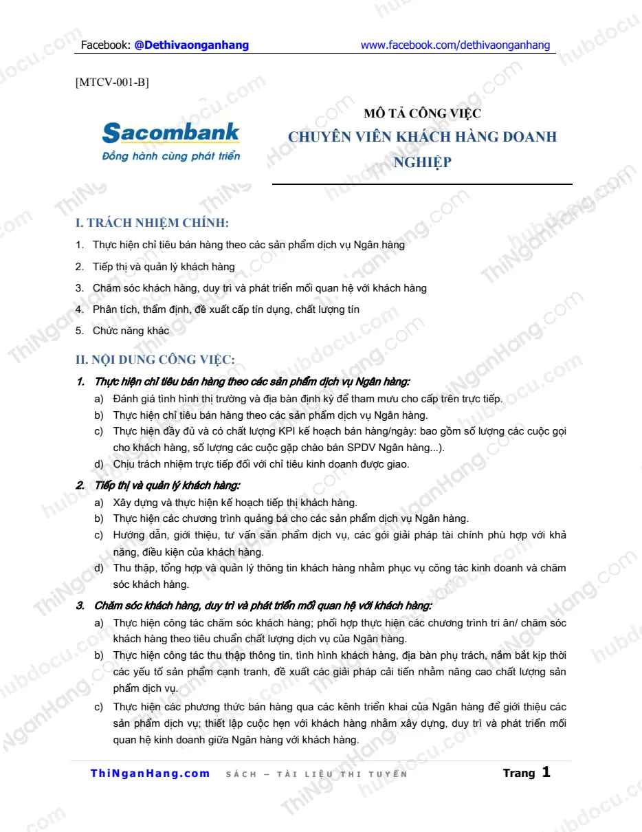 CV Khách hàng doanh nghiệp Sacombank - Mô tả và Yêu cầu công việc