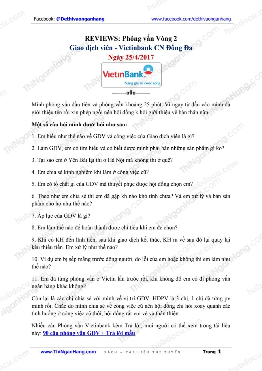 REVIEWS: Phỏng vấn Vòng 2 Giao dịch viên - Vietinbank CN Đống Đa (25-4-2017)