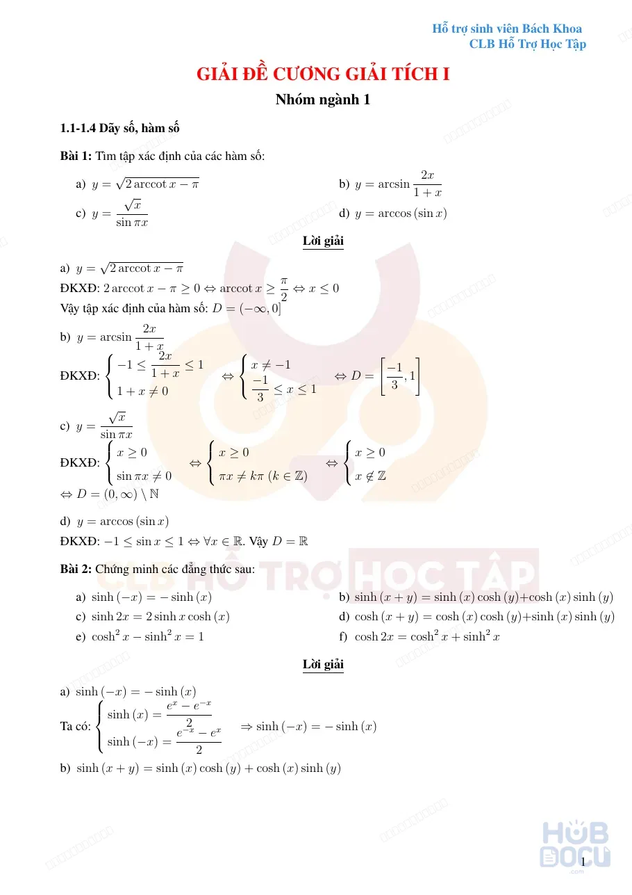 Giải Đề cương Giải tích 1 - Chương 1 (CLB HTHT)