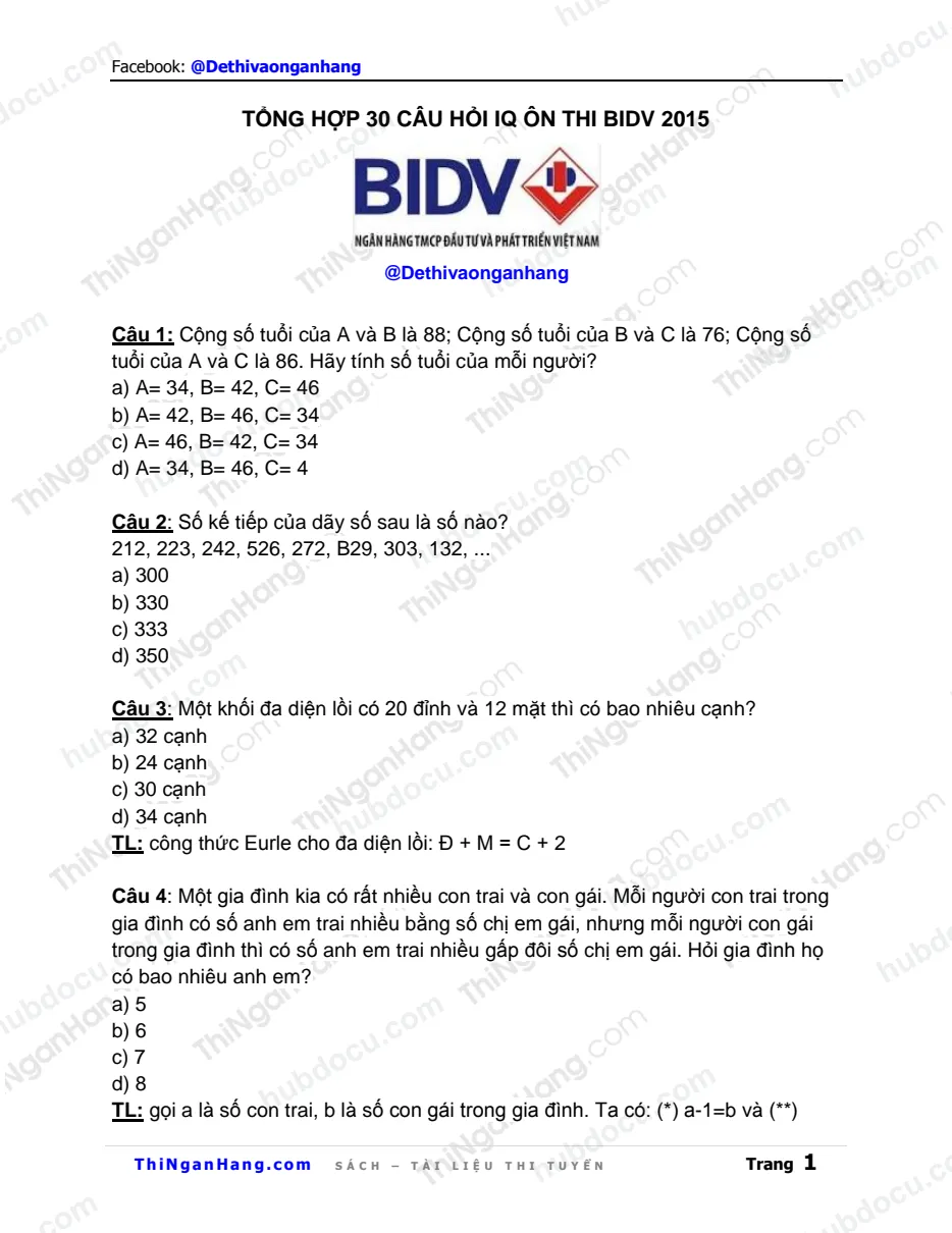 Tổng hợp 30 câu IQ thi BIDV 2015