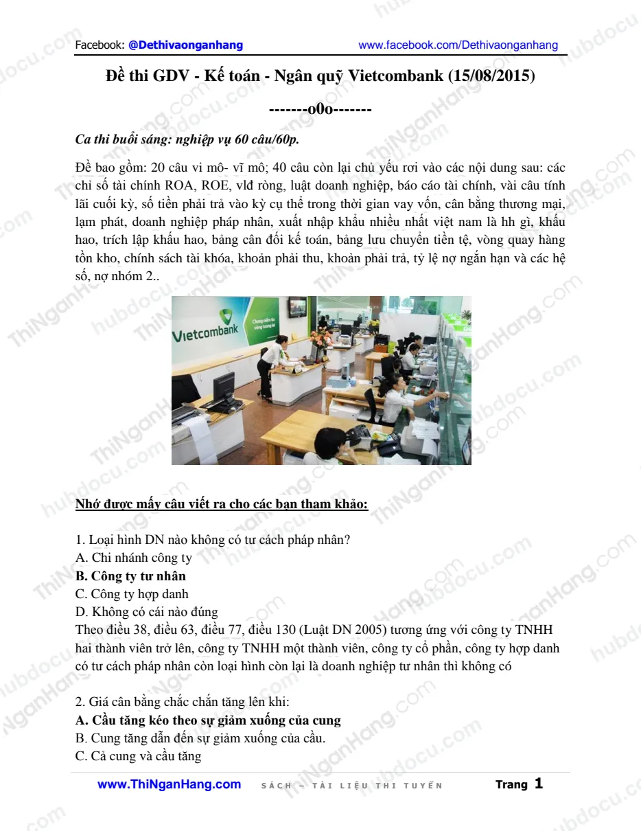 Đề thi GDV - Kế toán - Ngân quỹ Vietcombank (VCB) (15-08-2015)