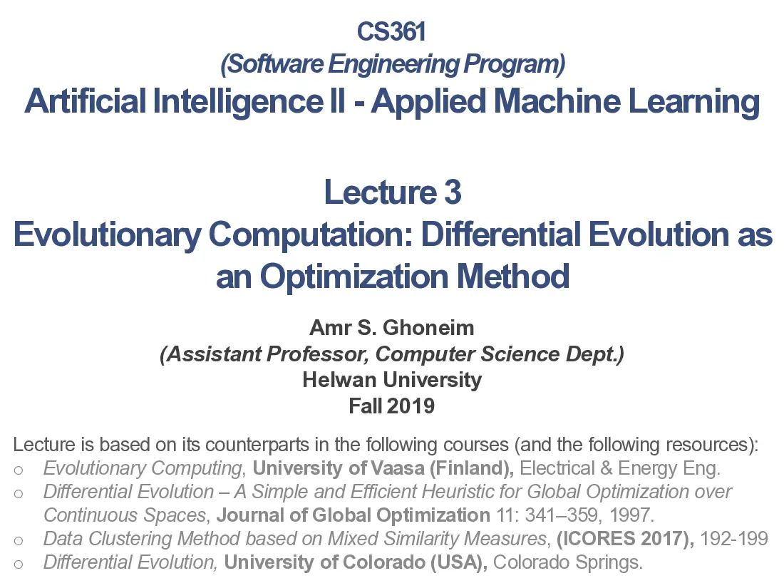 Evolutionary Computation Differential Evolution (Lecture 3) (Tính toán tiến hóa và giải thuật tiến hóa vi phân)