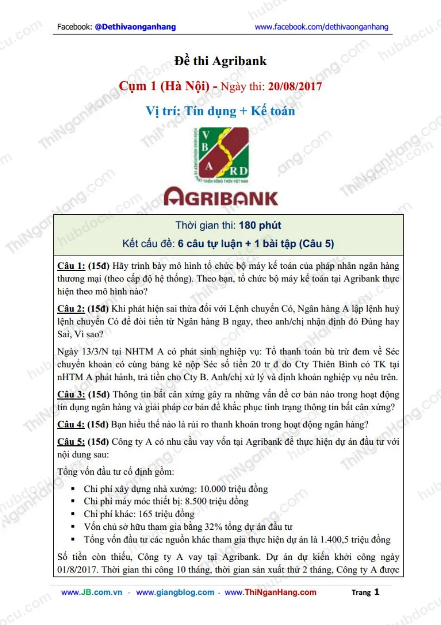 Đề thi Agribank Cụm 1 (KV Hà Nội) ngày 20-8-2017