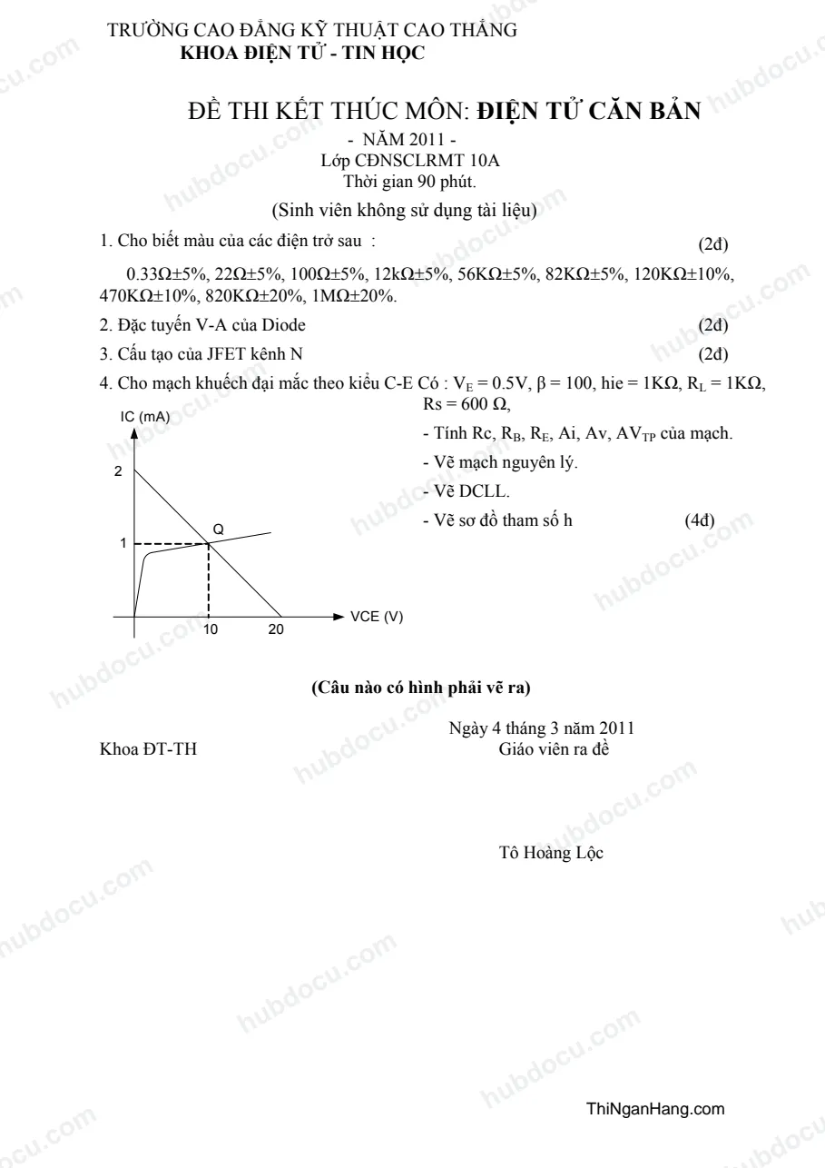 Đề thi Điện tử căn bản - Cao đẳng kỹ thuật Cao Thắng