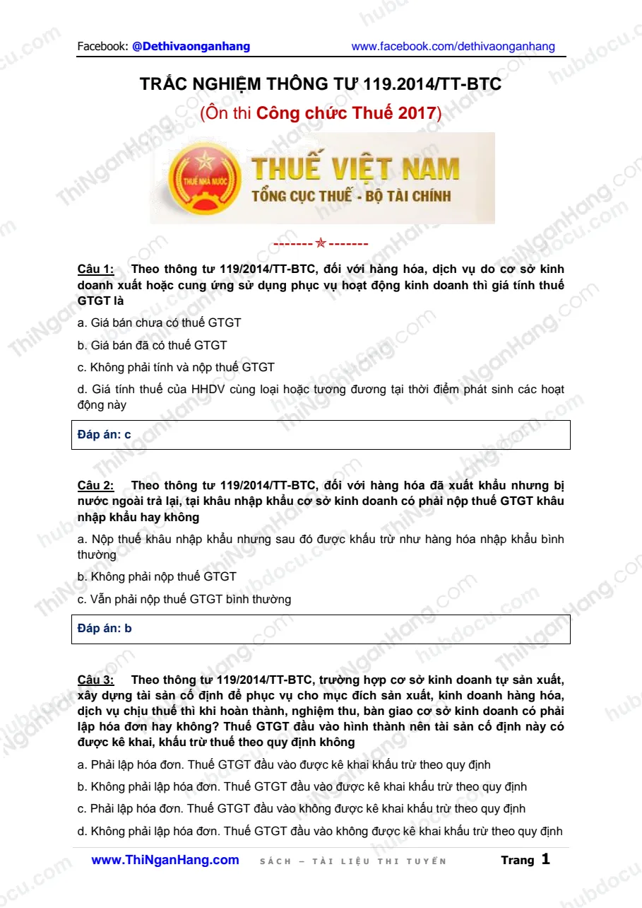 Trắc nghiệm Thông tư 119-2014-TT-BTC - Ôn thi Công chức Thuế