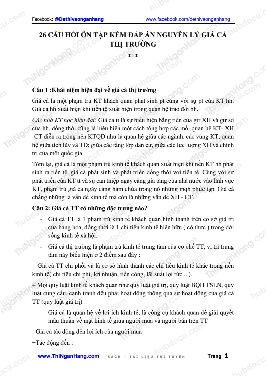 26 Câu hỏi kèm đáp án ôn tập nguyên lý giá cả thị trường