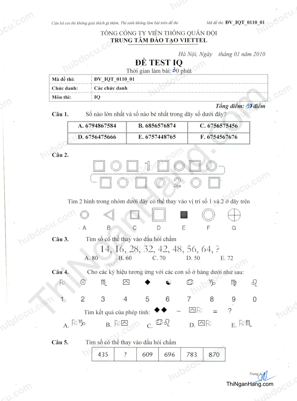 20 câu IQ thi Viettel - Đề 1 (Đáp án trang cuối)