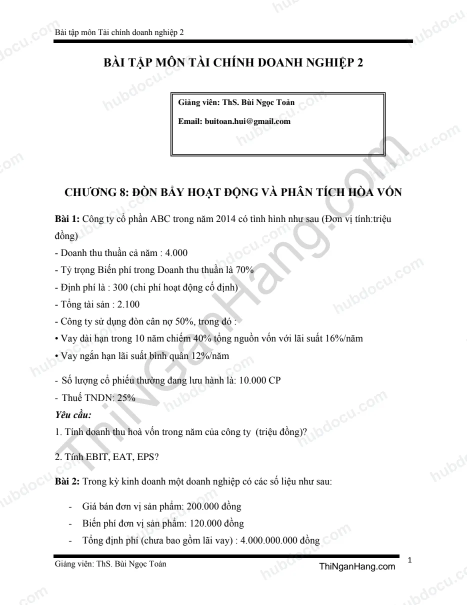 Bài tập Tài chính doanh nghiệp 2 - Ths Bùi Ngọc Toản
