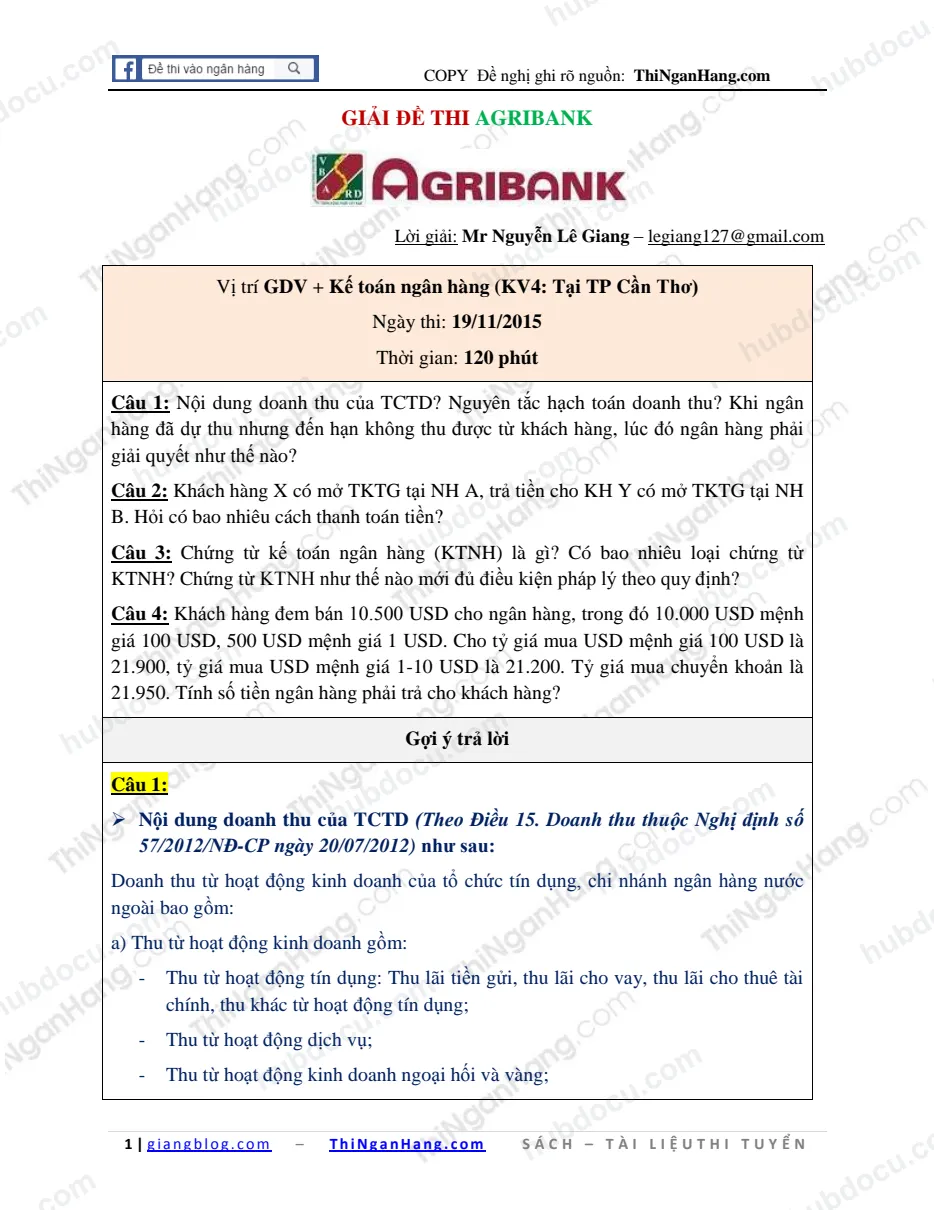 Giải đề thi GDV Kế toán ngân hàng Agribank 19-11-2015 (KV4 - Cần Thơ)