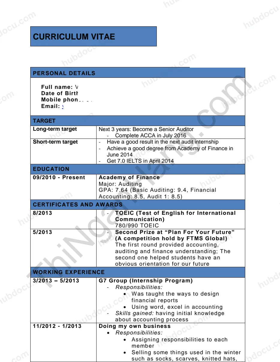 CV tiếng anh (xin làm nhân viên kiểm toán)