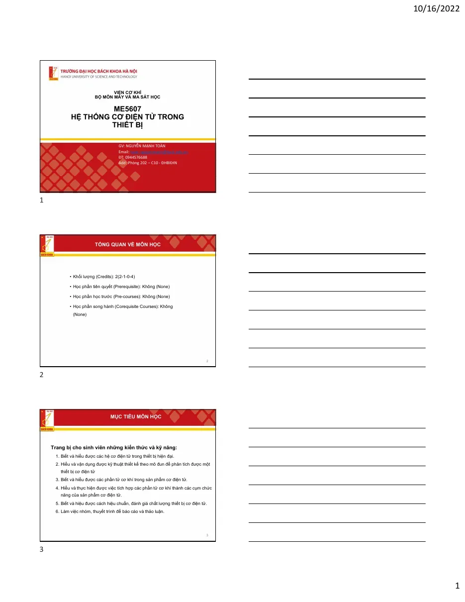 ME5607 Hệ thống cơ điện tử trong thiết bị - NGUYỄN MẠNH TOÀN