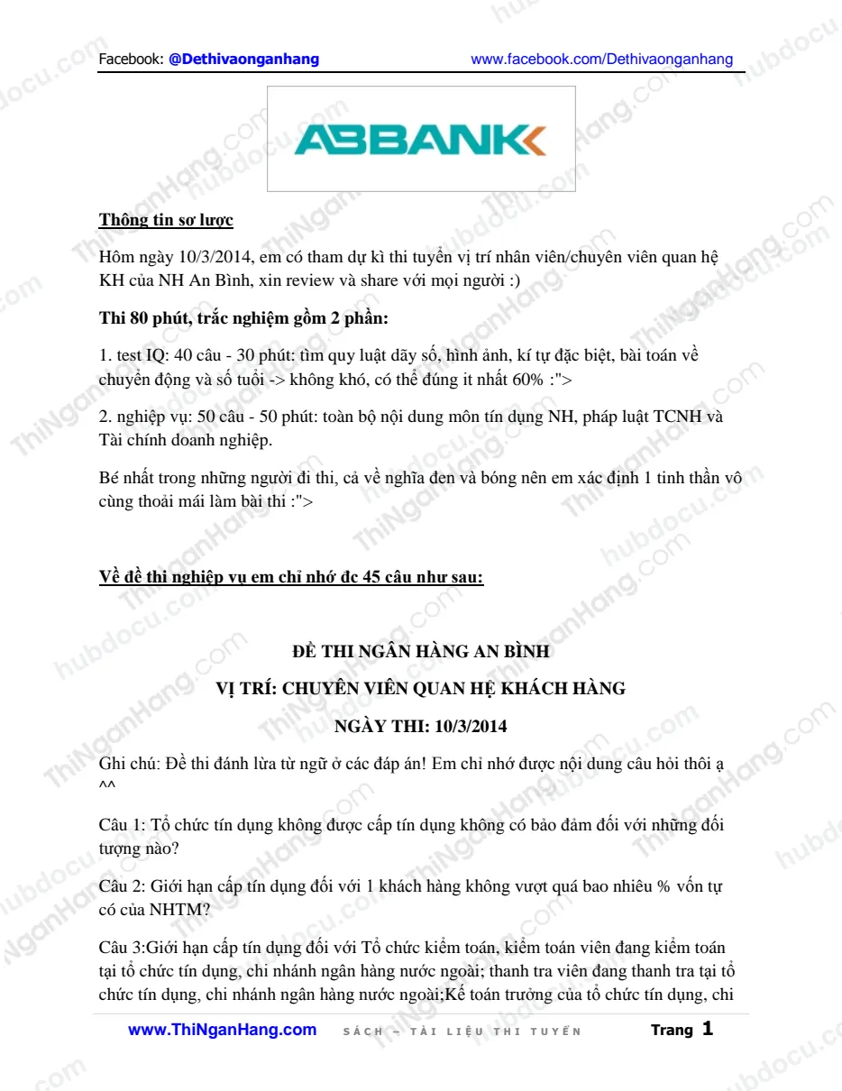45 câu hỏi thi CV Quan hệ khách hàng NH An Bình (ABBank)