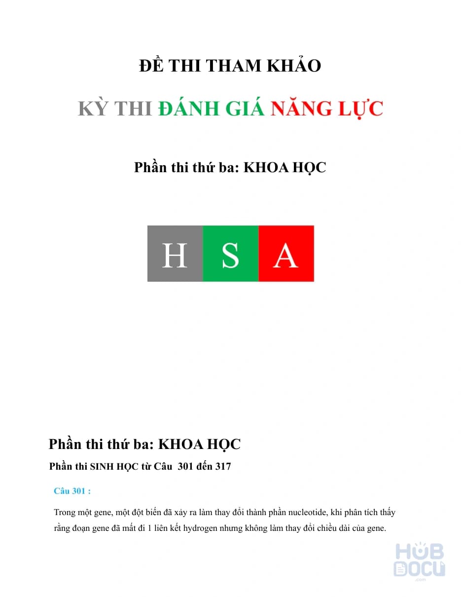 Đề thi Đánh giá năng lực (HSA) Đề 9.Đợt 2 - Sinh học (HS)