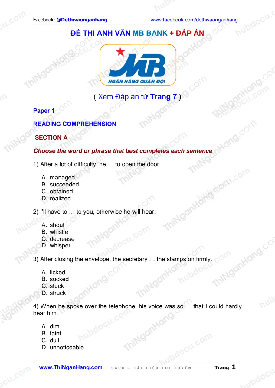 Đề thi Anh văn vào MB Bank (NH Quân Đội) kèm Đáp án