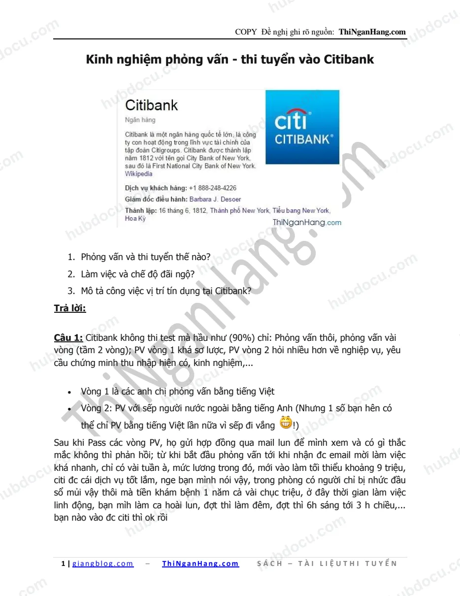 Kinh nghiệm phỏng vấn và thi tuyển Citibank