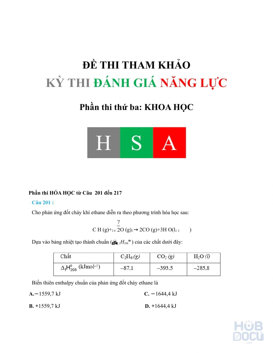 Đánh giá năng lực (HSA) Đợt 2.Đề 15 - Hóa học (HS)