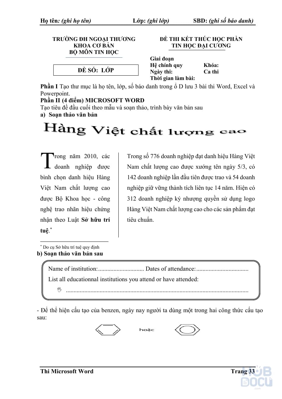 Đề 1 - Đề thi cuối kỳ Tin học đại cương