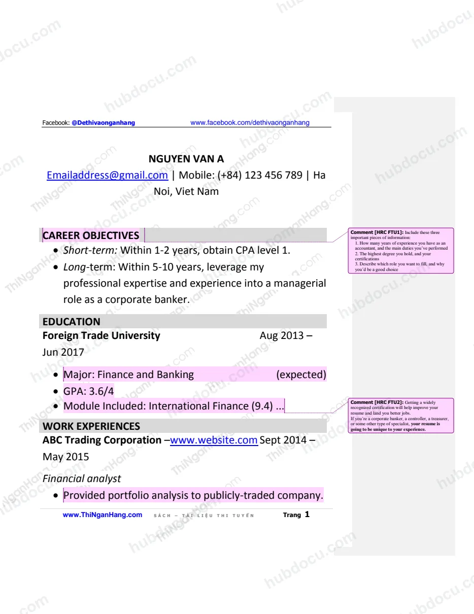 Mẫu CV tiếng Anh: ngành Tài chính (Finance)