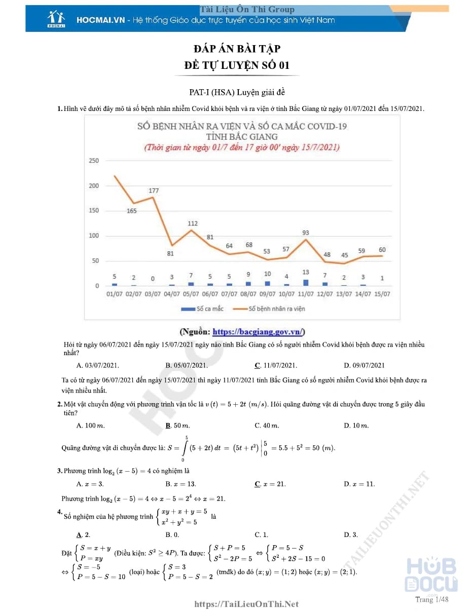 Đáp án bài tự luyện 01 - Ôn thi đánh giá năng lực HSA