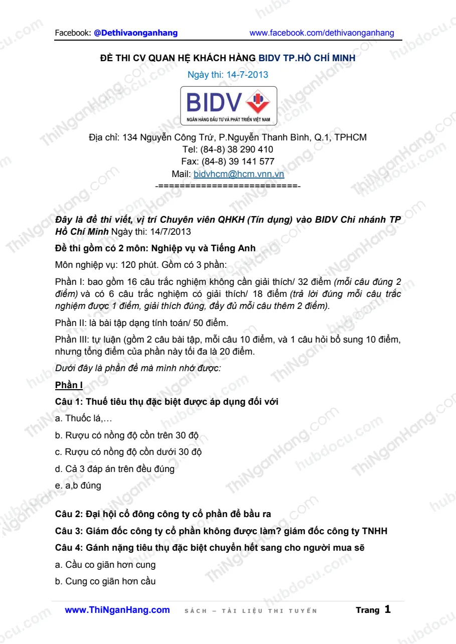 Đề thi CV Quan hệ khách hàng BIDV (14-7-2013)